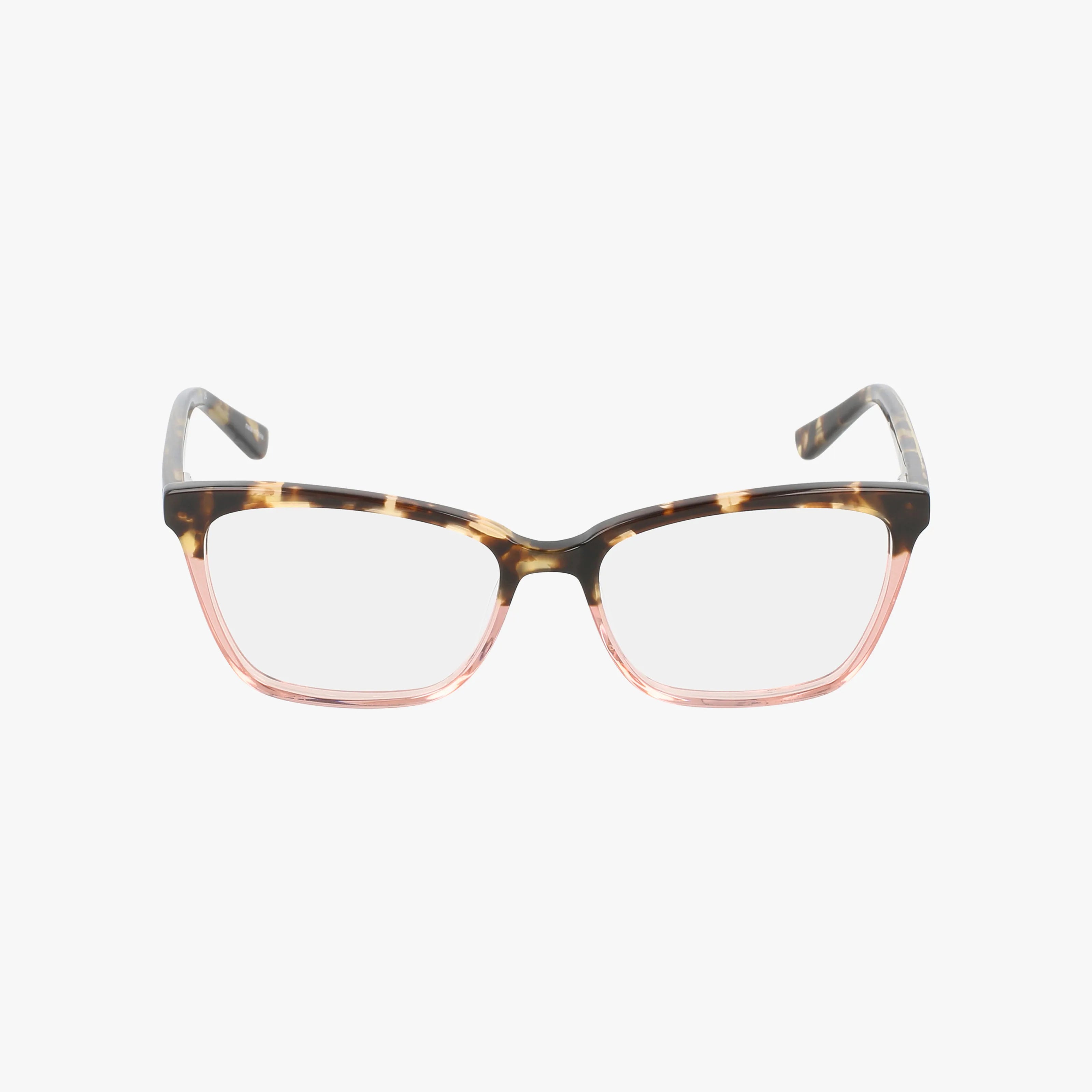 Ann Taylor ATP812 eyeglasses feature classic cat-eye frames with a brown tortoiseshell upper half and translucent pink lower half, combining modern construction with stylish design, shown against a white background.