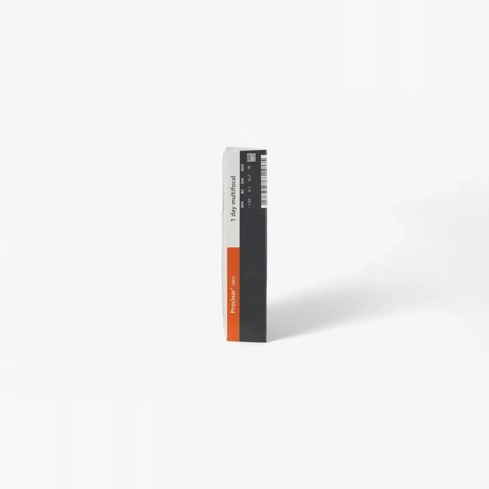 A rectangular Proclear 1 Day Multifocal - 90 Pk box stands upright, featuring the Proclear brands clean black, white, and orange design on a plain white background—similar to the distinct look of Proclear contact lens packaging.