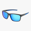 The Callaway LEGENDARY sunglasses feature black frames, blue mirrored lenses, and blue textured grips on the arms for advanced protection, shown against a white background.