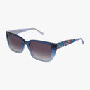 Introducing WEKIVA by Vera Bradley: blue gradient square sunglasses with dark tinted lenses and vibrant floral-patterned temples. Shown on a white background—buy online for effortless style on your next outdoor adventure.