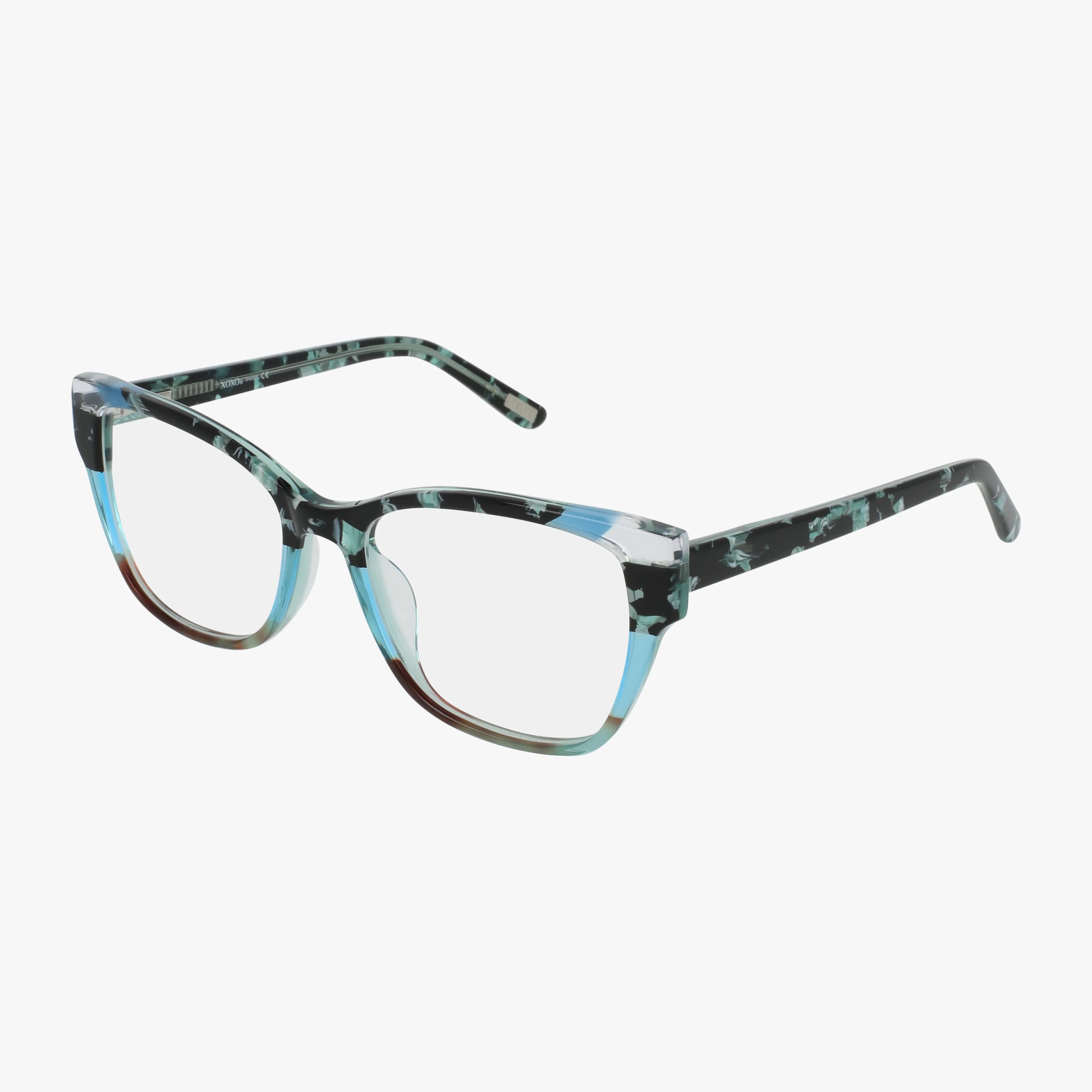 The XOXO IRVINE cat-eye eyeglasses feature blue and brown marble-patterned frames, available with prescription or clear lenses, blending modern durability and style—displayed on a white background.