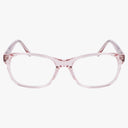 The Lenton & Rusby LR5022 eyeglasses feature a clear pink rectangular plastic frame with transparent lenses and wide, angled temples, shown front-facing against a white background for a bold everyday look.