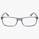 The Lenton & Rusby LR4012 eyeglasses feature a rectangular, transparent gray frame made of thick, polished plastic for added durability. Displayed on a white background with the front view shown.