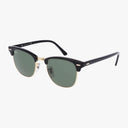 Ray-Ban RB3016 CLUBMASTER sunglasses feature black and gold frames, premium green lenses, and a classic browline design, shown on a white background.