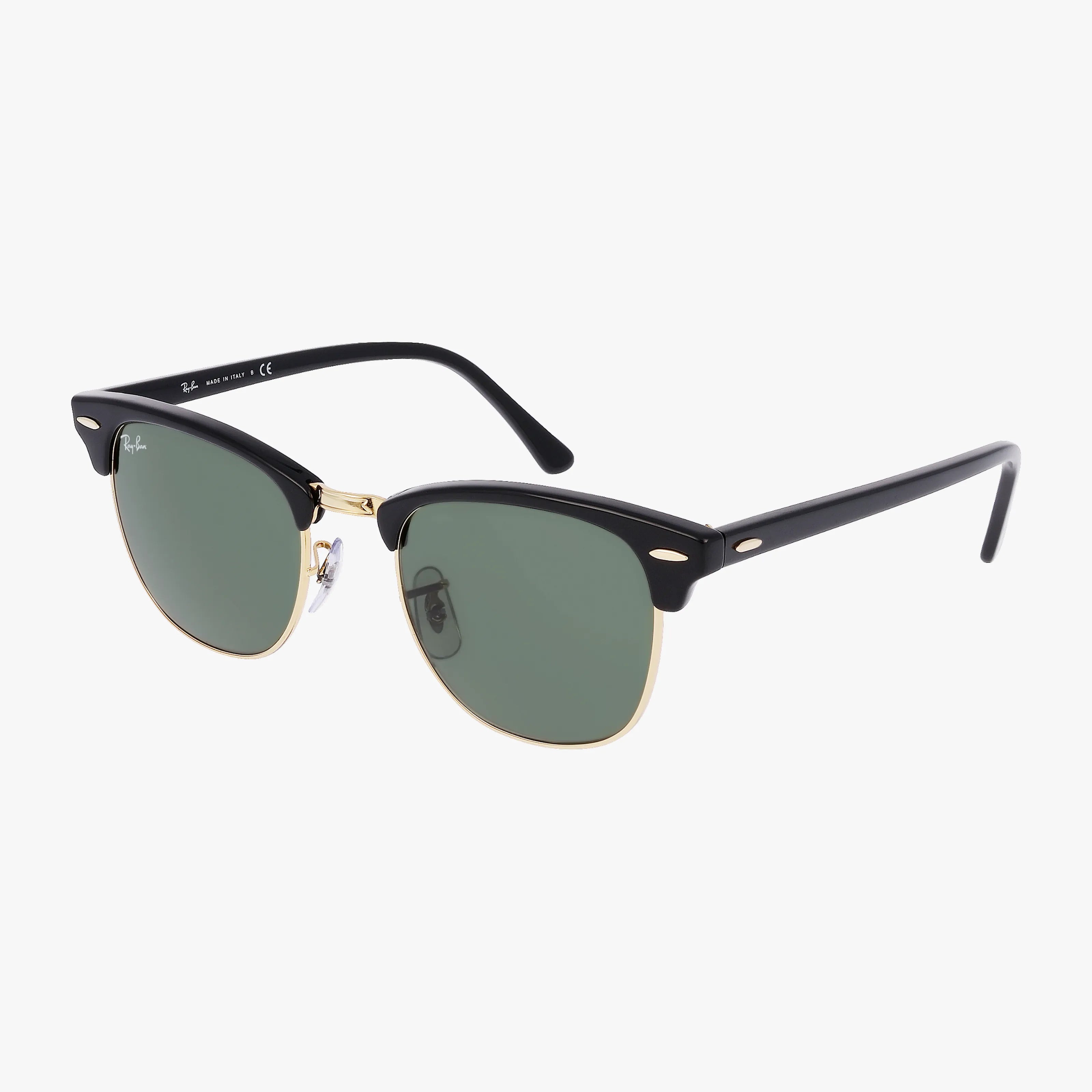 Ray-Ban RB3016 CLUBMASTER sunglasses feature black and gold frames, premium green lenses, and a classic browline design, shown on a white background.