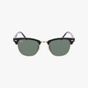Front view of Ray-Ban RB3016 CLUBMASTER sunglasses with black top frames, gold accents, and premium green tinted lenses showcased against a plain white background.