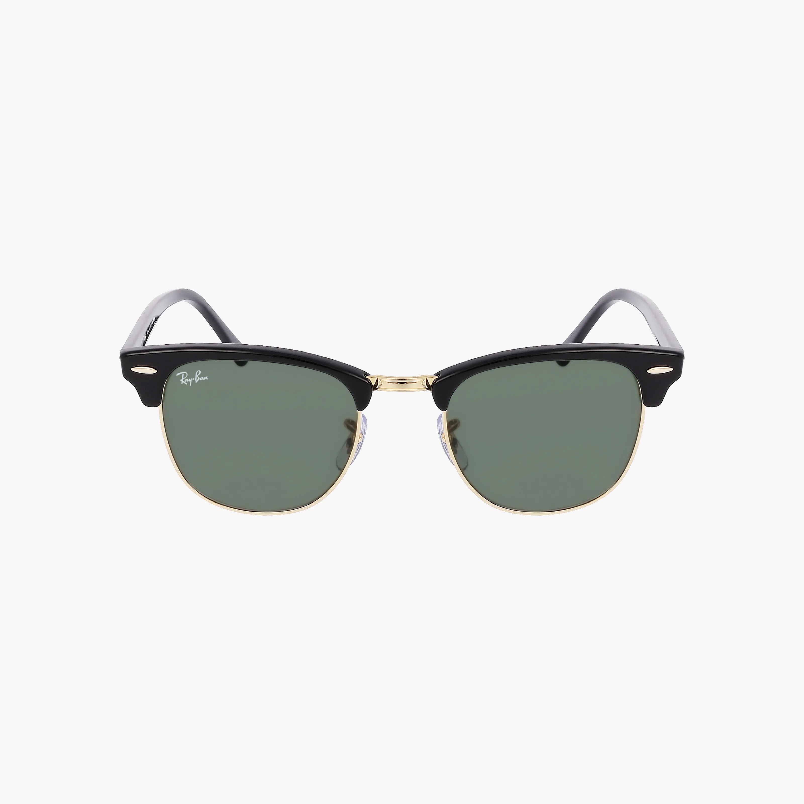 Front view of Ray-Ban RB3016 CLUBMASTER sunglasses with black top frames, gold accents, and premium green tinted lenses showcased against a plain white background.