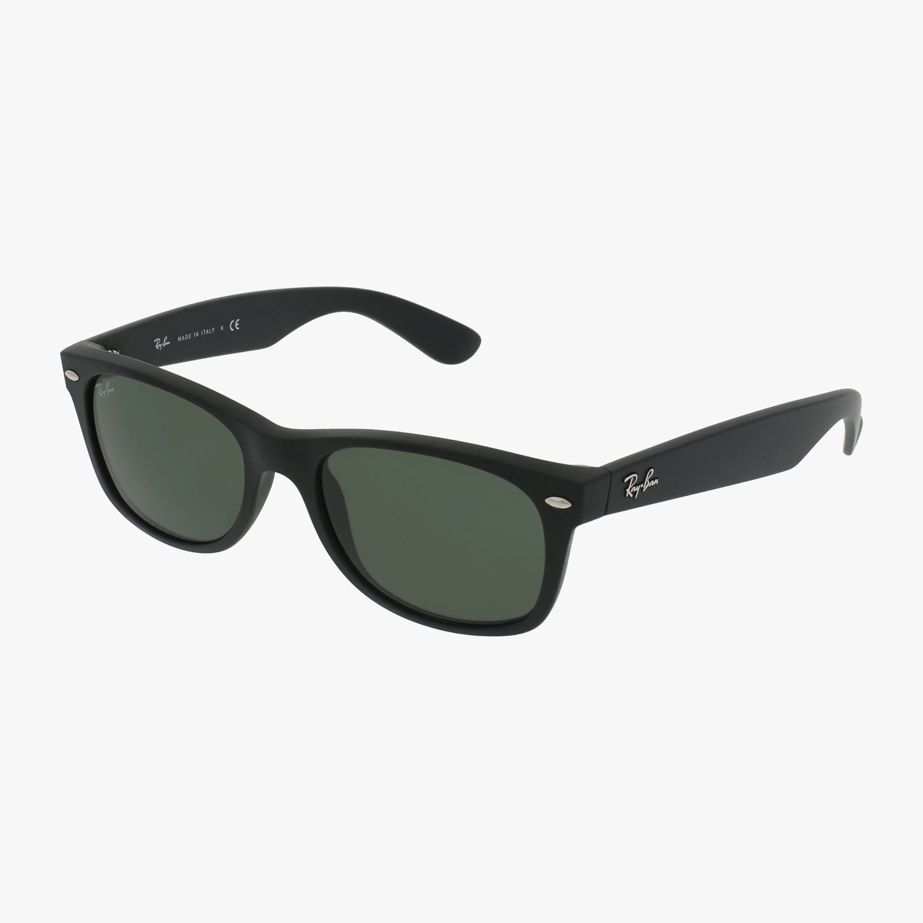 The Ray-Ban RB2132 New Wayfarer sunglasses feature a black thick plastic frame, dark green lenses, and silver hinge accents, offering a timeless eyewear design and shown against a white background.