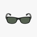 The Ray-Ban RB2132 NEW WAYFARER sunglasses feature black frames and dark green lenses, viewed from the front on a white background. The left lens has a subtle white Ray-Ban logo, embodying timeless eyewear style.