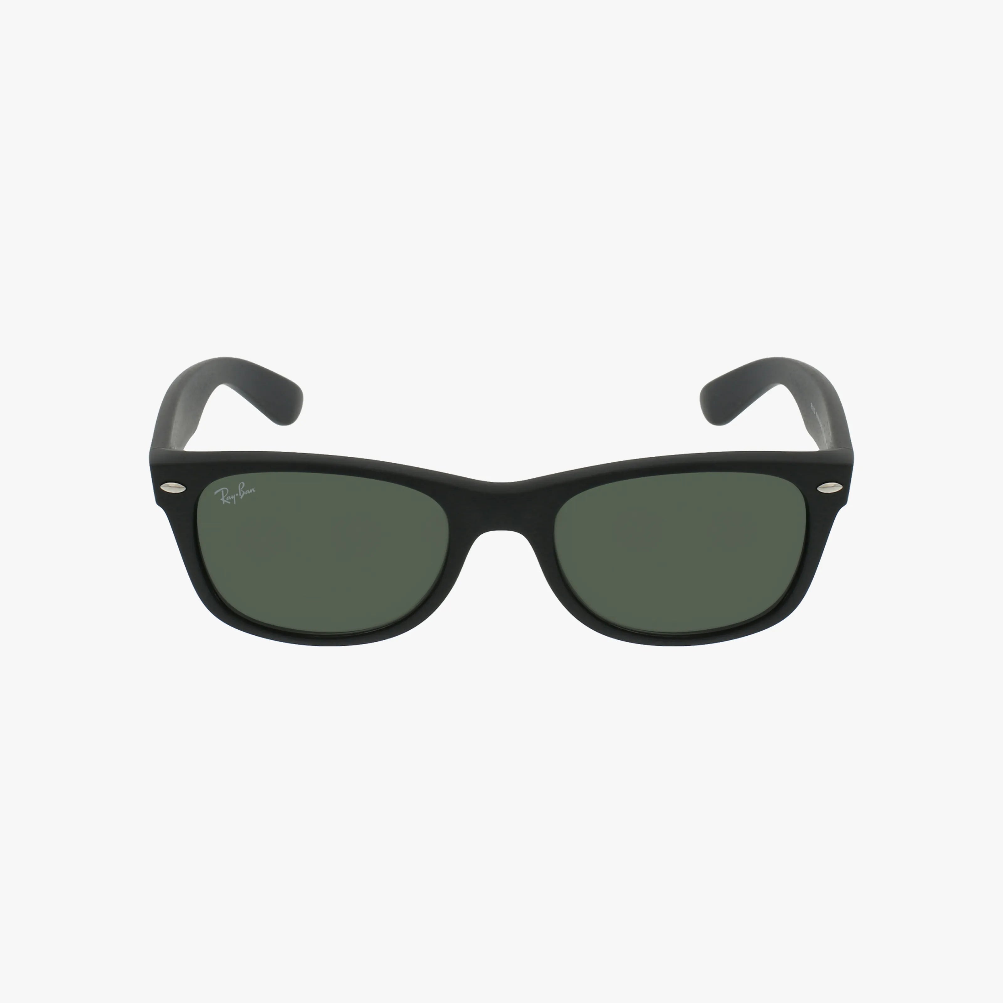 The Ray-Ban RB2132 NEW WAYFARER sunglasses feature black frames and dark green lenses, viewed from the front on a white background. The left lens has a subtle white Ray-Ban logo, embodying timeless eyewear style.