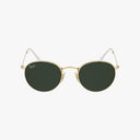 Ray-Ban RB3447 ROUND sunglasses feature gold round frames, dark green lenses, and thin arms. The Ray-Ban logo appears on the top corner of the left lens, highlighting their classic bohemian style against a white background.