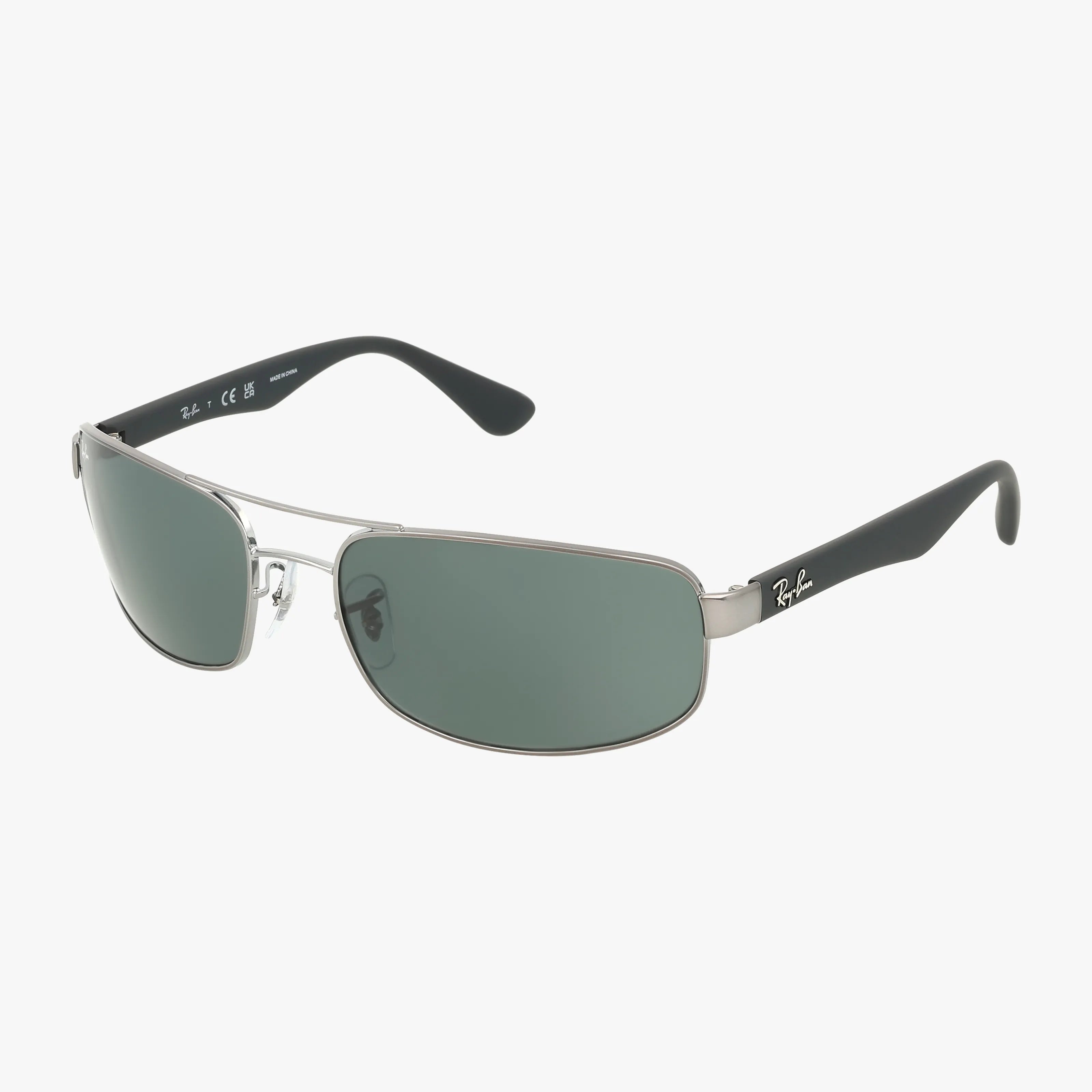 Ray-Ban RB3445 sunglasses feature gunmetal frames, dark green rectangular lenses, and black arms with the Ray-Ban logo on the right arm and lens, set against a white background.