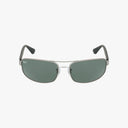 The Ray-Ban RB3445 sunglasses feature a sleek silver frame, dark green lenses, and black ear tips, showcased against a plain white background.
