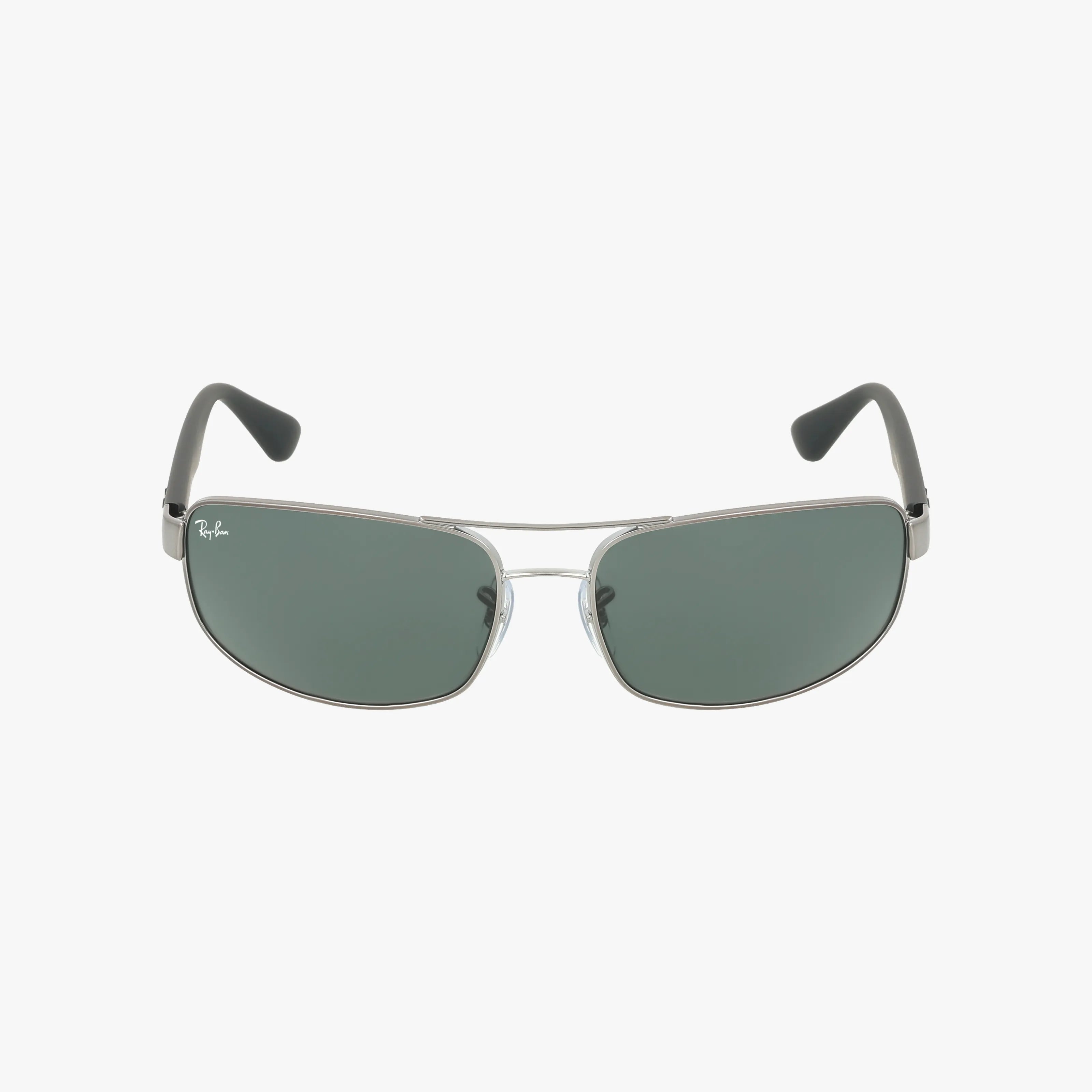 The Ray-Ban RB3445 sunglasses feature a sleek silver frame, dark green lenses, and black ear tips, showcased against a plain white background.