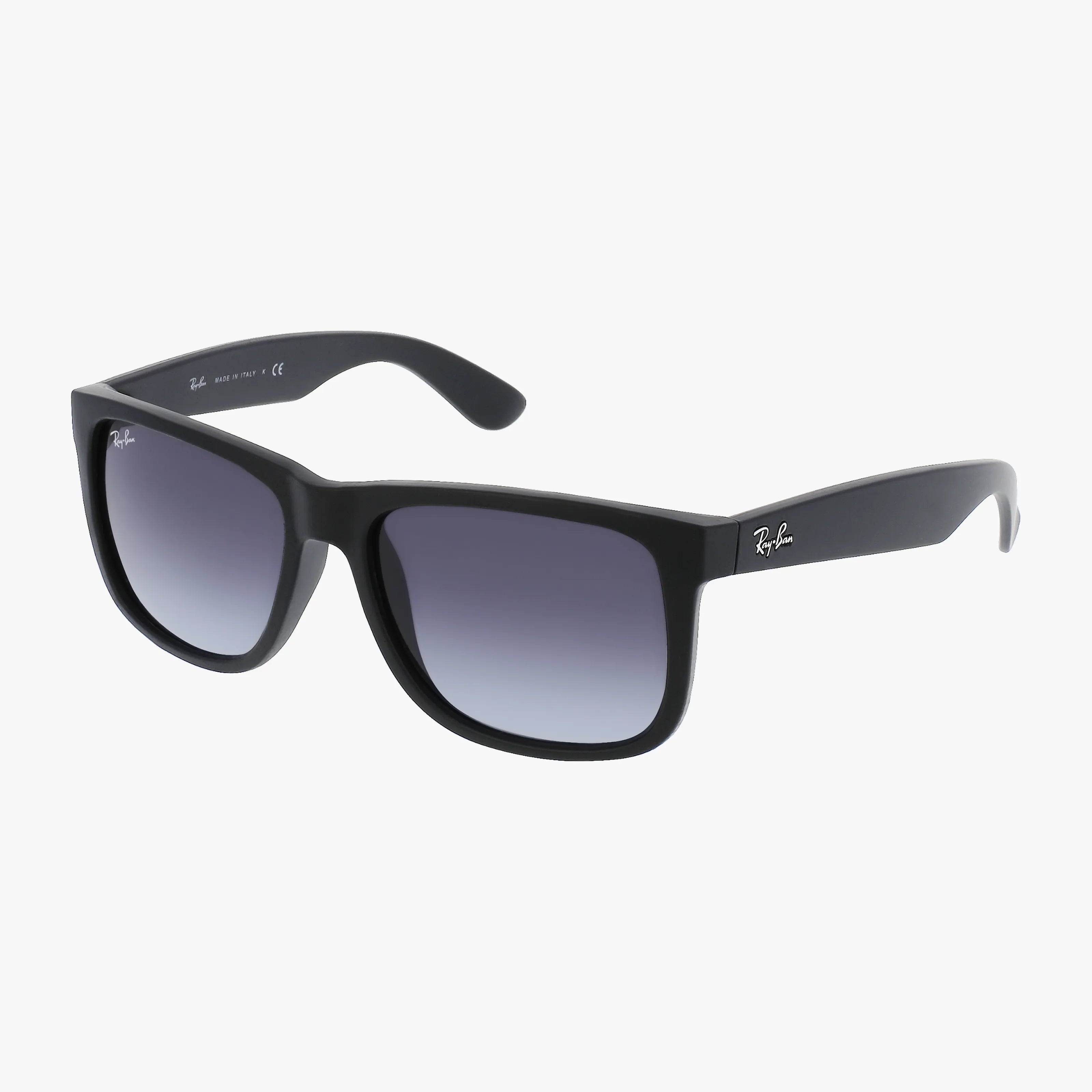 Ray-Ban RB4165 JUSTIN sunglasses feature black square frames, durable construction, dark gradient lenses, and visible Ray-Ban logos on the arms and lens, displayed on a white background.