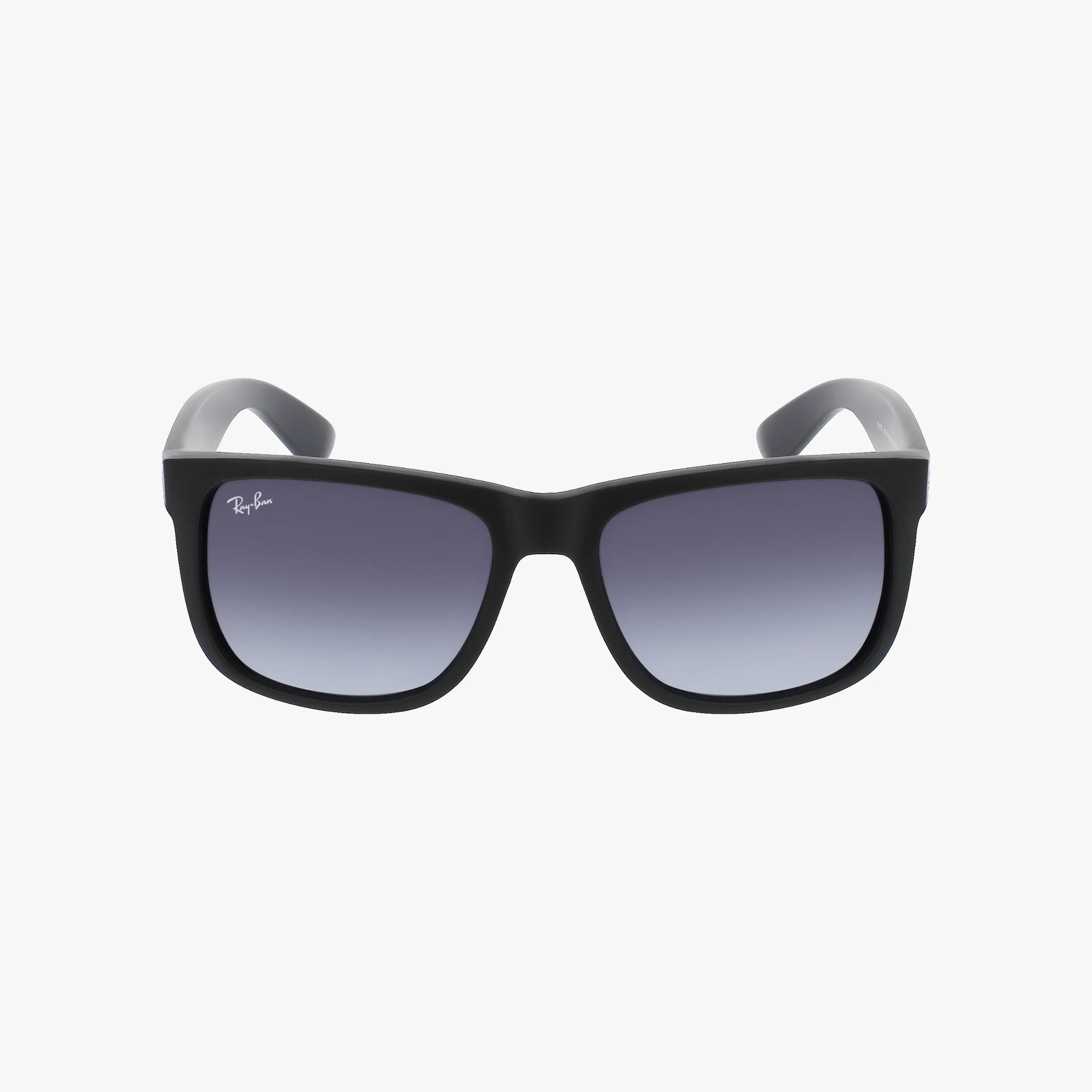 Front view of Ray-Ban RB4165 JUSTIN sunglasses with a durable black frame and dark gradient lenses, featuring a subtle logo on the upper left lens, displayed against a plain white background.