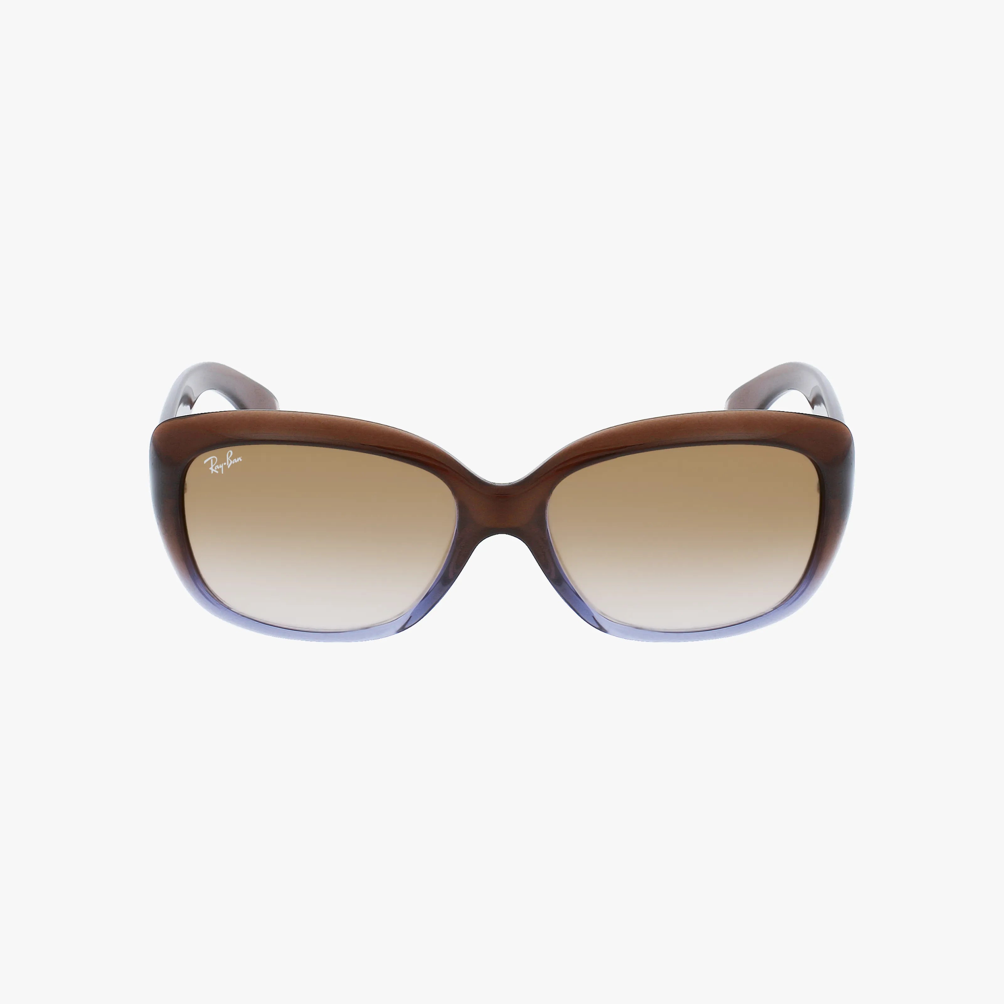 Front view of Ray-Ban RB4101 JACKIE OHH sunglasses with a large, square-shaped brown lightweight frame, gradient lenses, and a subtle cat-eye design, shown on a white background.