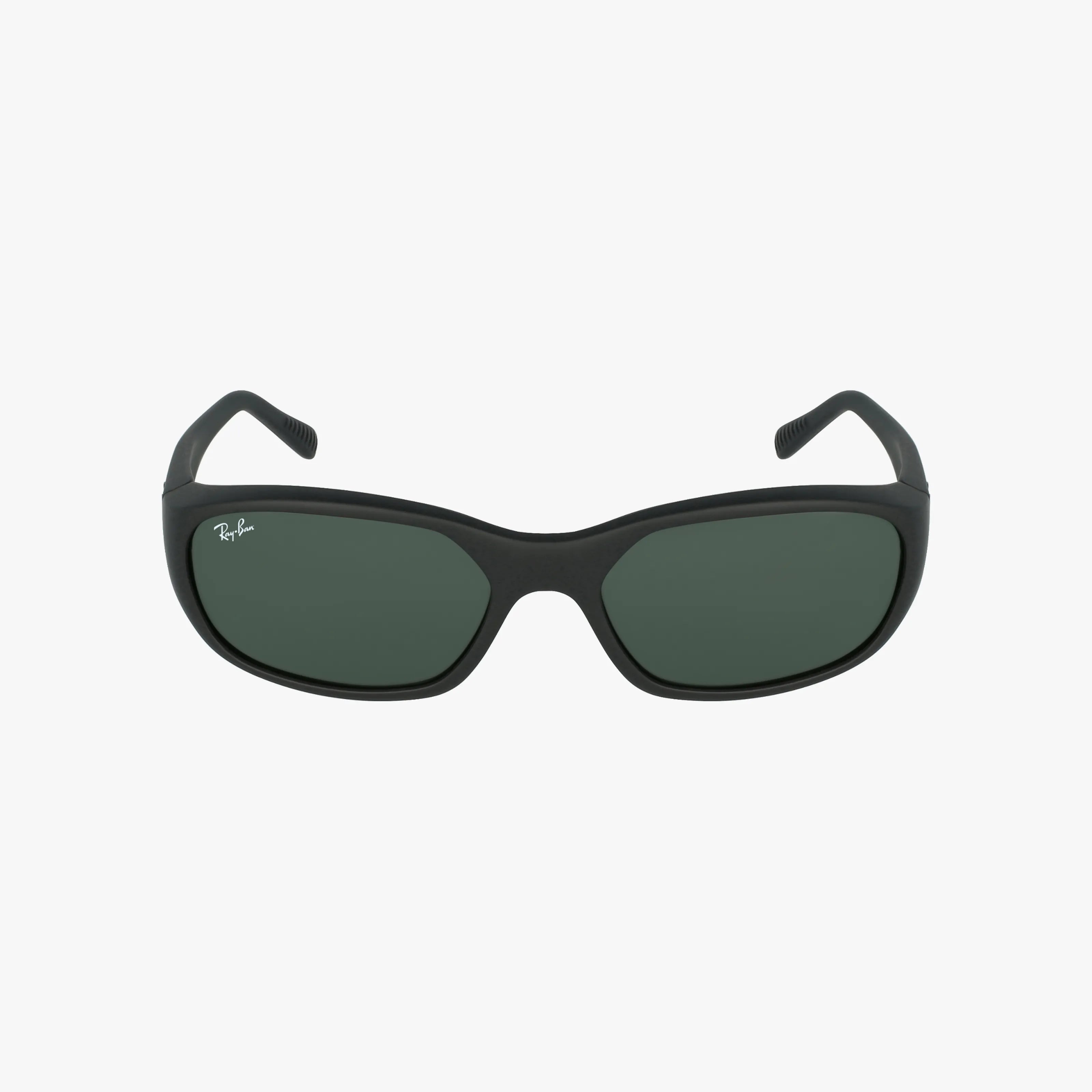 Front view of Ray-Ban RB2016 DADDY-O sunglasses in black with premium lenses, dark green tint, and slightly curved arms, displayed on a white background for superior eye protection.