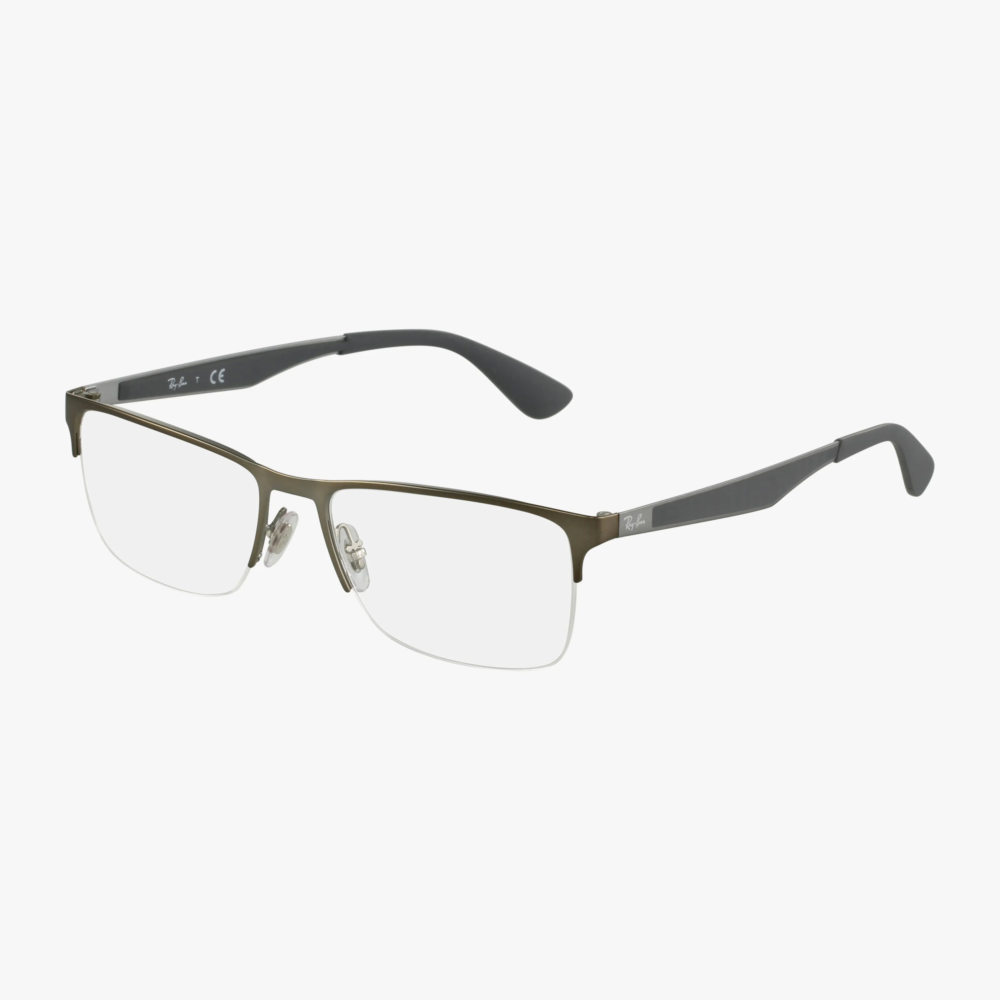 Ray-Ban RX6335 semi-rimless eyeglasses feature a metallic olive green top frame, clear blue light lenses, adjustable nose pads, and dark gray temples for stylish, lightweight eyewear.