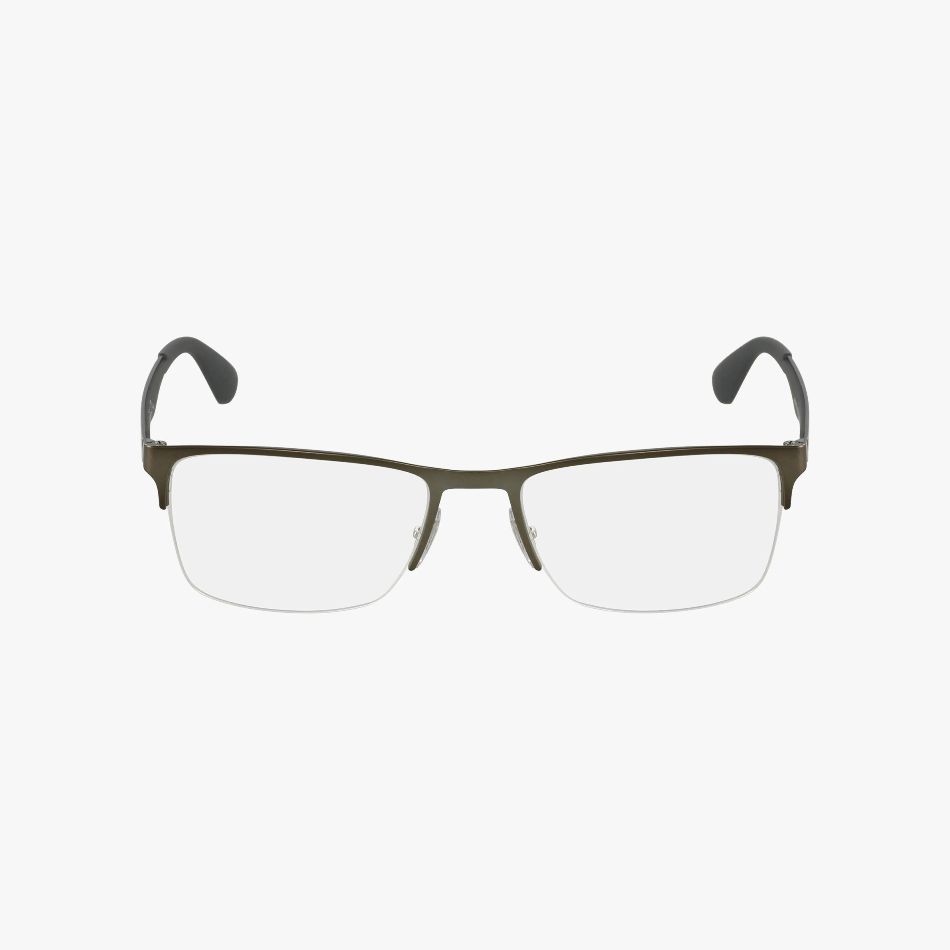 The Ray-Ban RX6335 features rectangular, semi-rimless frames with lightweight, thin dark metal and black temple tips, presented on a white background.