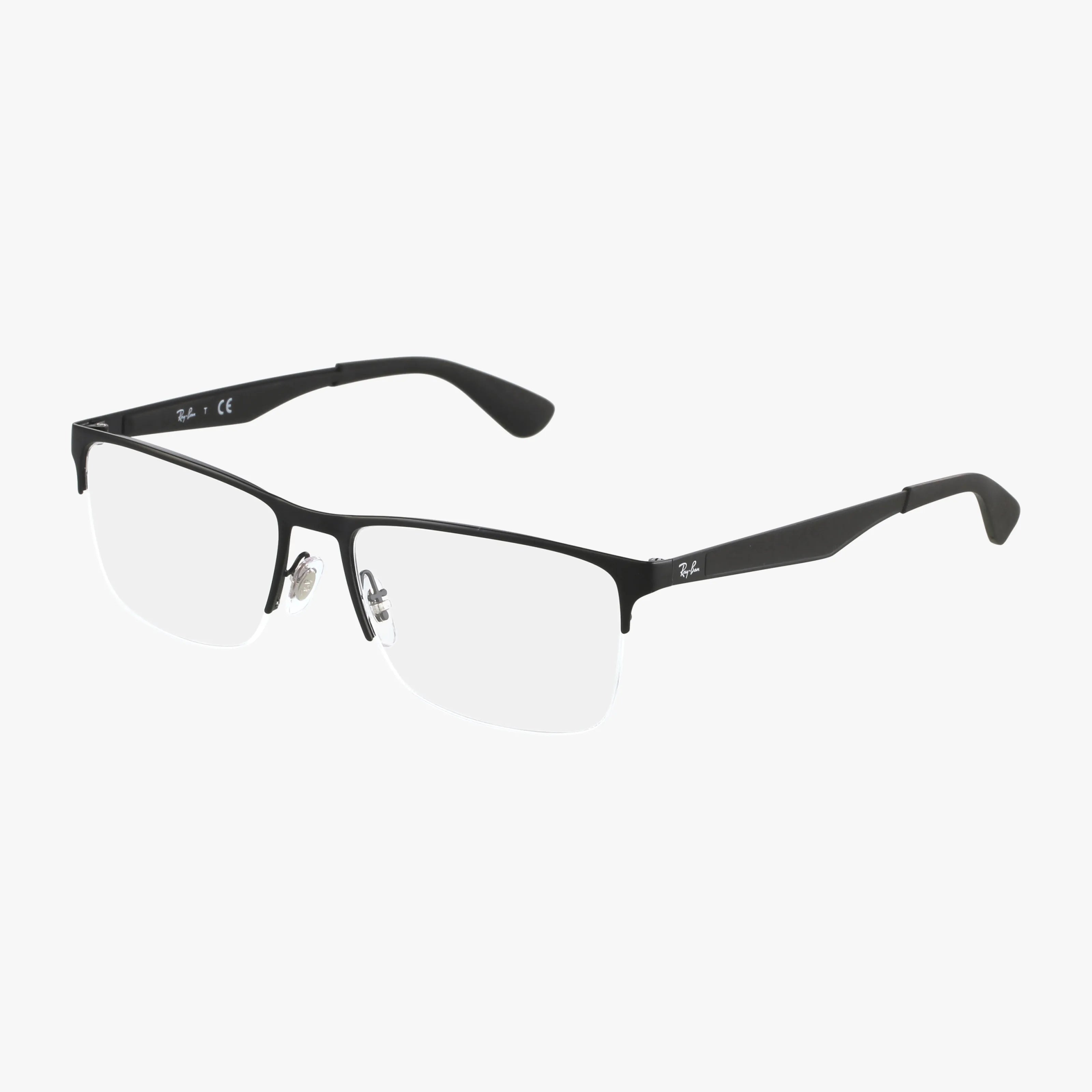 Ray-Ban RX6335 semi-rimless eyeglasses with a thin black metal frame, clear blue light lenses, adjustable nose pads, and black plastic temple tips, displayed on a white background.