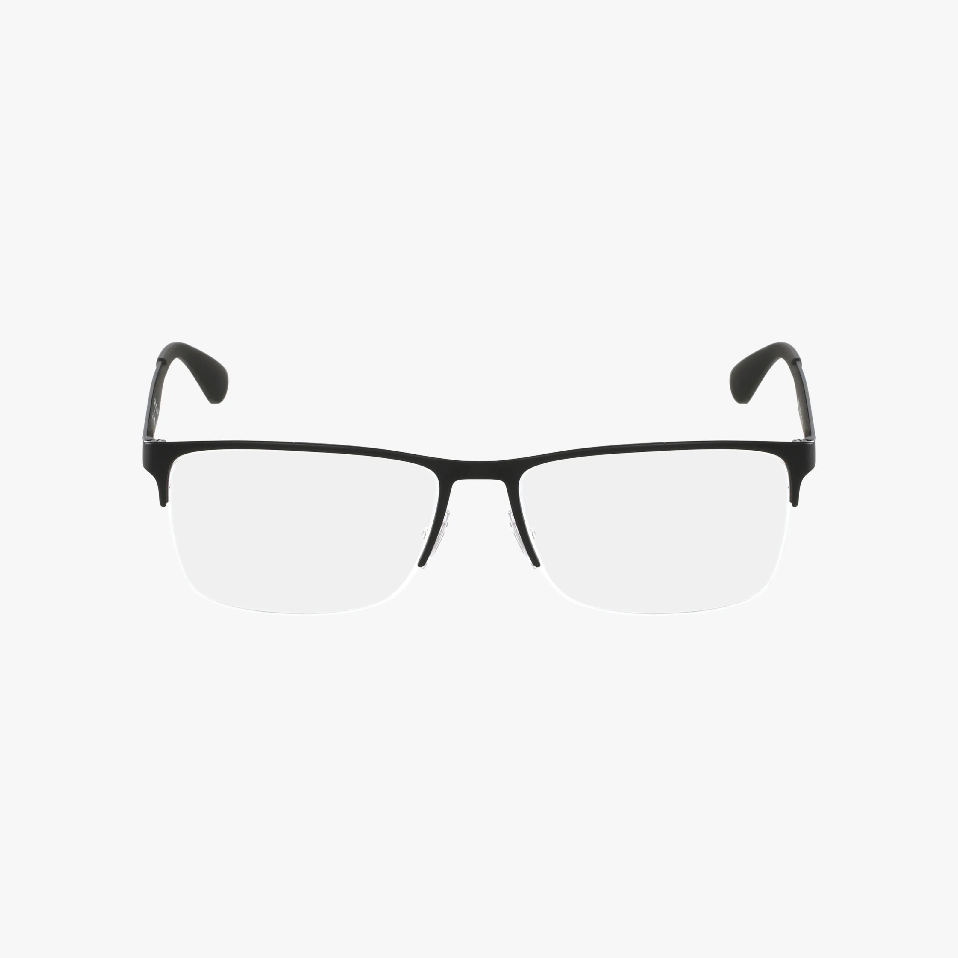 The Ray-Ban RX6335 is a pair of black, rectangular, semi-rimless eyeglasses with clear blue light lenses and a durable design, displayed on a plain white background.