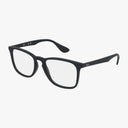 The Ray-Ban RX7074 is a pair of black rectangular eyeglasses with clear lenses and a subtle Ray-Ban logo on the temples, displayed against a white background.
