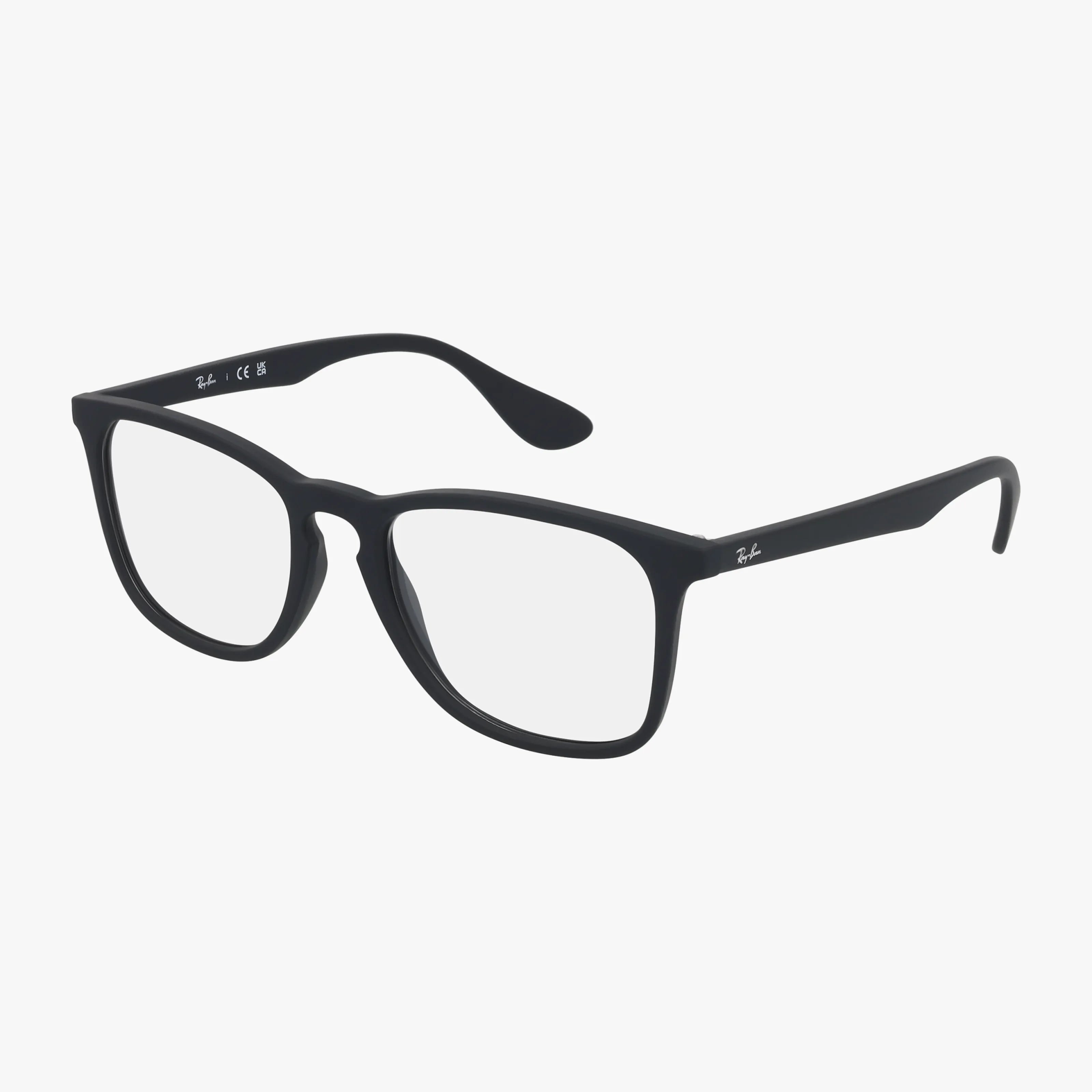 The Ray-Ban RX7074 is a pair of black rectangular eyeglasses with clear lenses and a subtle Ray-Ban logo on the temples, displayed against a white background.