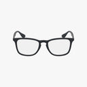 The Ray-Ban RX7074 features black, rectangular frames with clear lenses, displayed on a plain white background—perfect for modern eyewear enthusiasts seeking stylish eyeglasses.