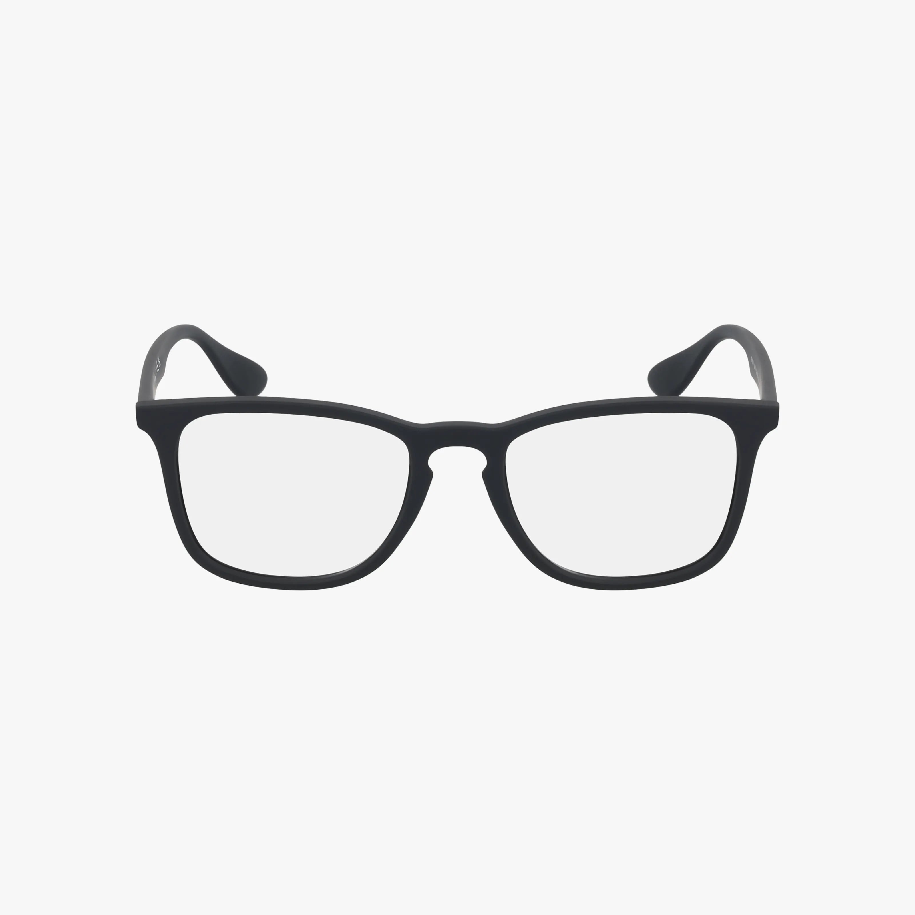 The Ray-Ban RX7074 features black, rectangular frames with clear lenses, displayed on a plain white background—perfect for modern eyewear enthusiasts seeking stylish eyeglasses.