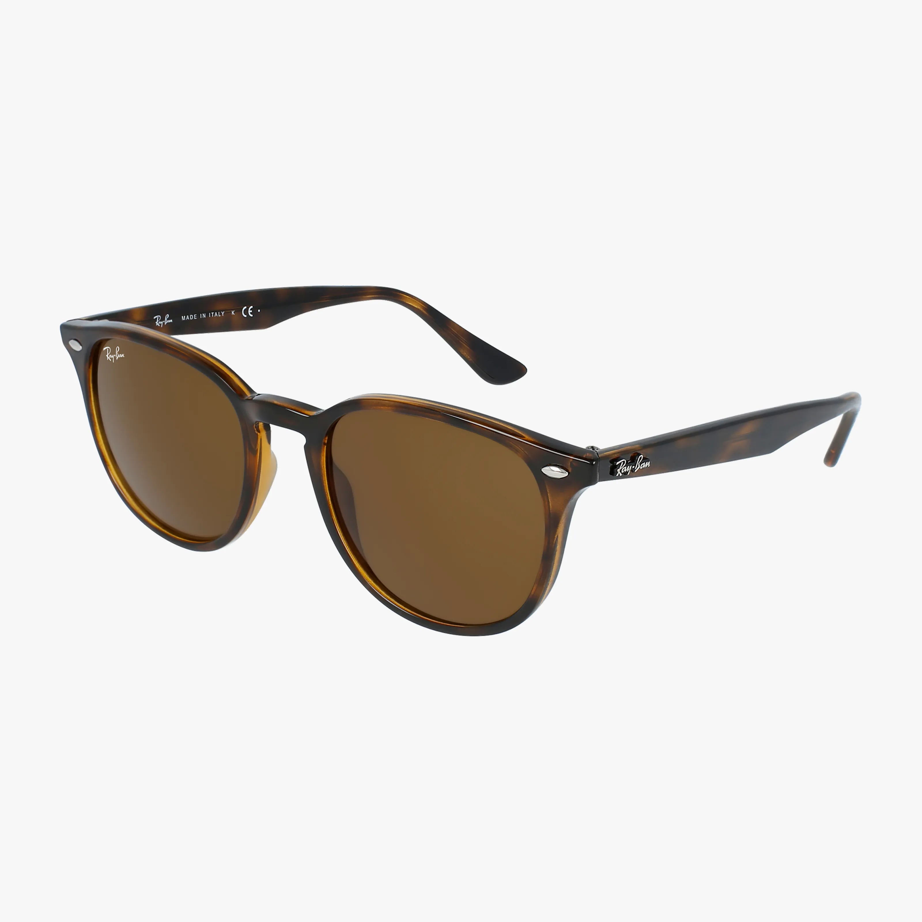 Ray-Ban RB4259 sunglasses with round tortoiseshell frames, brown lenses, and UV protection, shown on a white background.