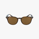Front view of Ray-Ban RB4259 premium sunglasses with round brown tortoiseshell frames, the Ray-Ban logo on the right lens, and UV protection, set against a plain white background.