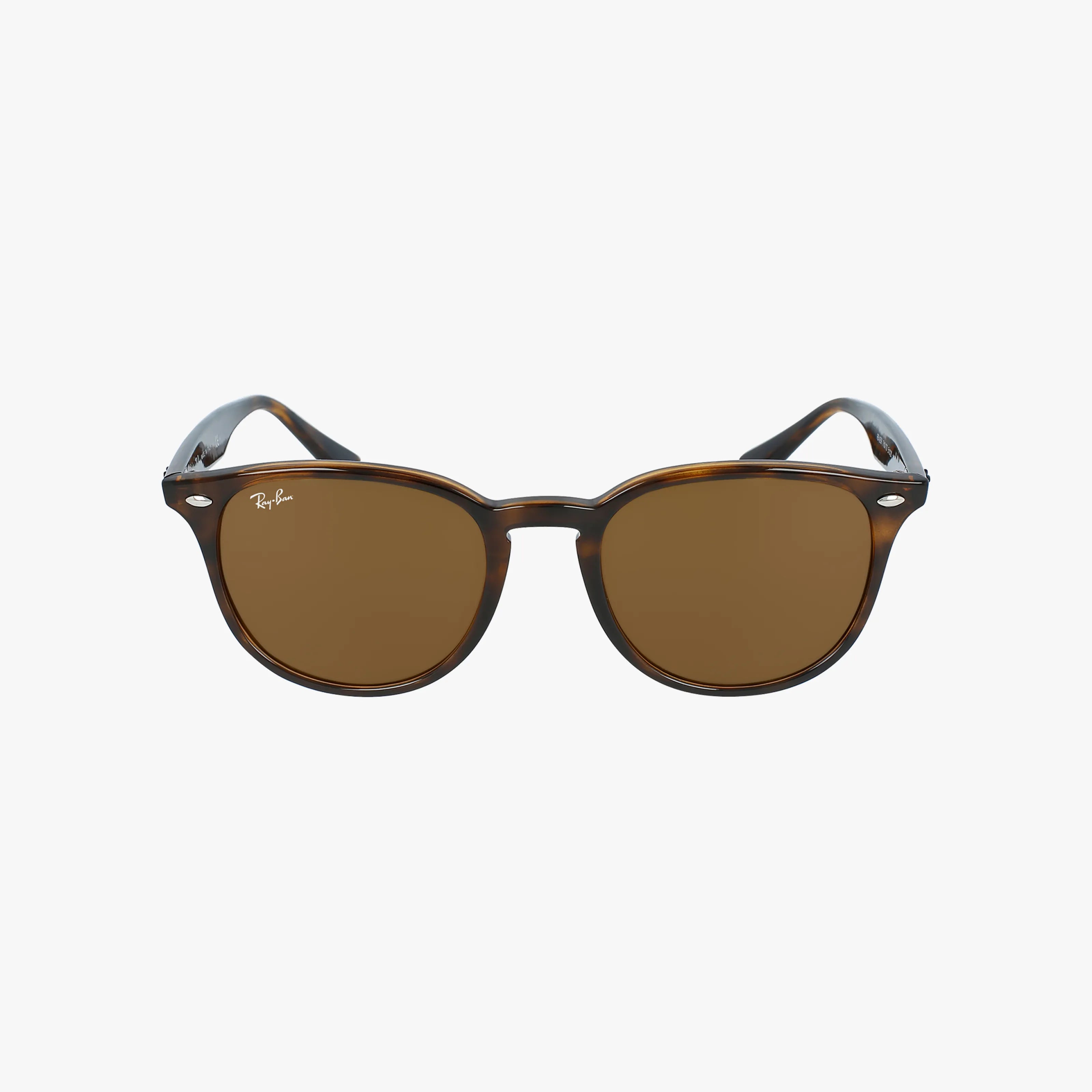 Front view of Ray-Ban RB4259 premium sunglasses with round brown tortoiseshell frames, the Ray-Ban logo on the right lens, and UV protection, set against a plain white background.