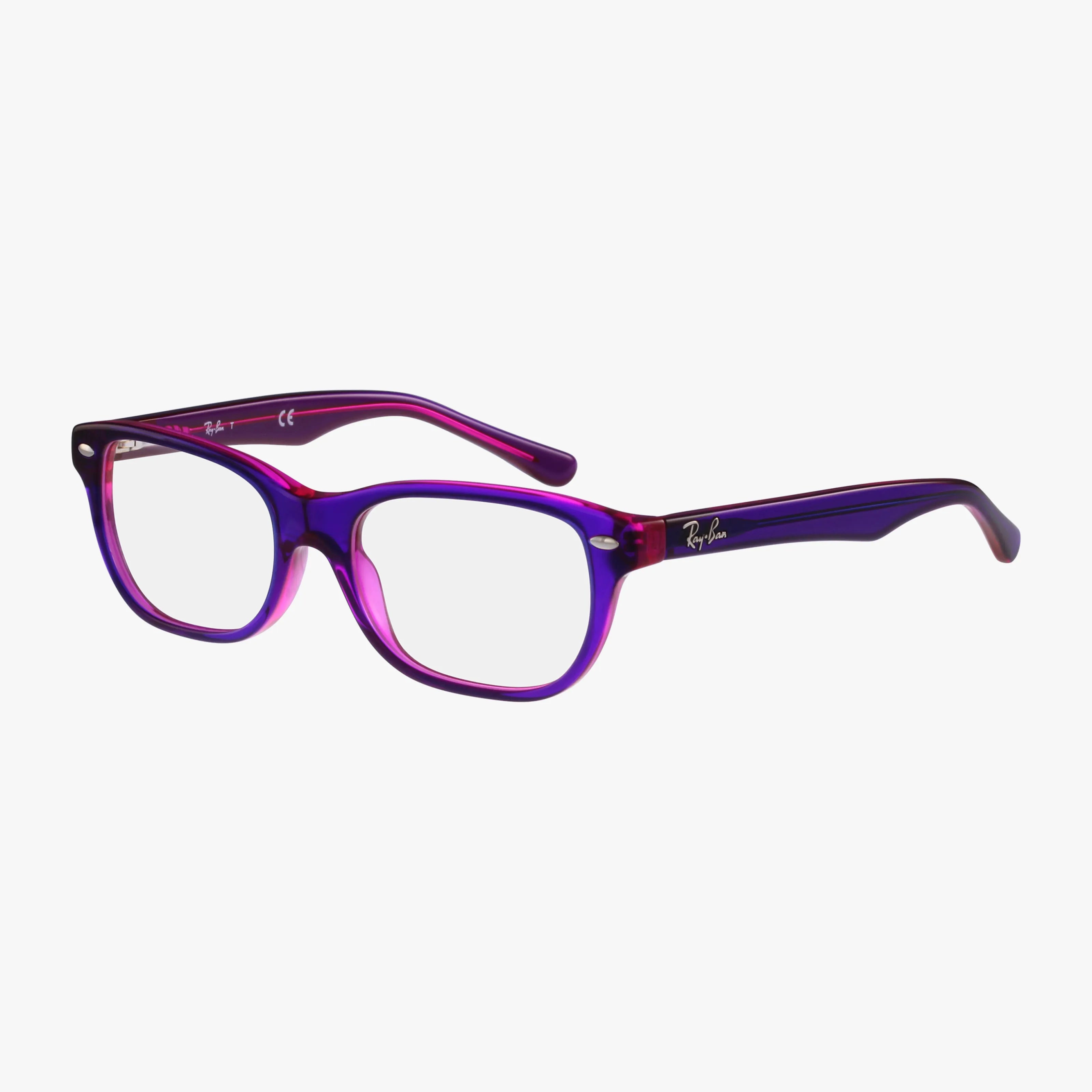 Ray-Ban RY1555 eyeglasses in a gradient purple-pink rectangular frame, displayed on a white background. The stylish temples and front frame blend purple and pink shades, offering an inspiring look.