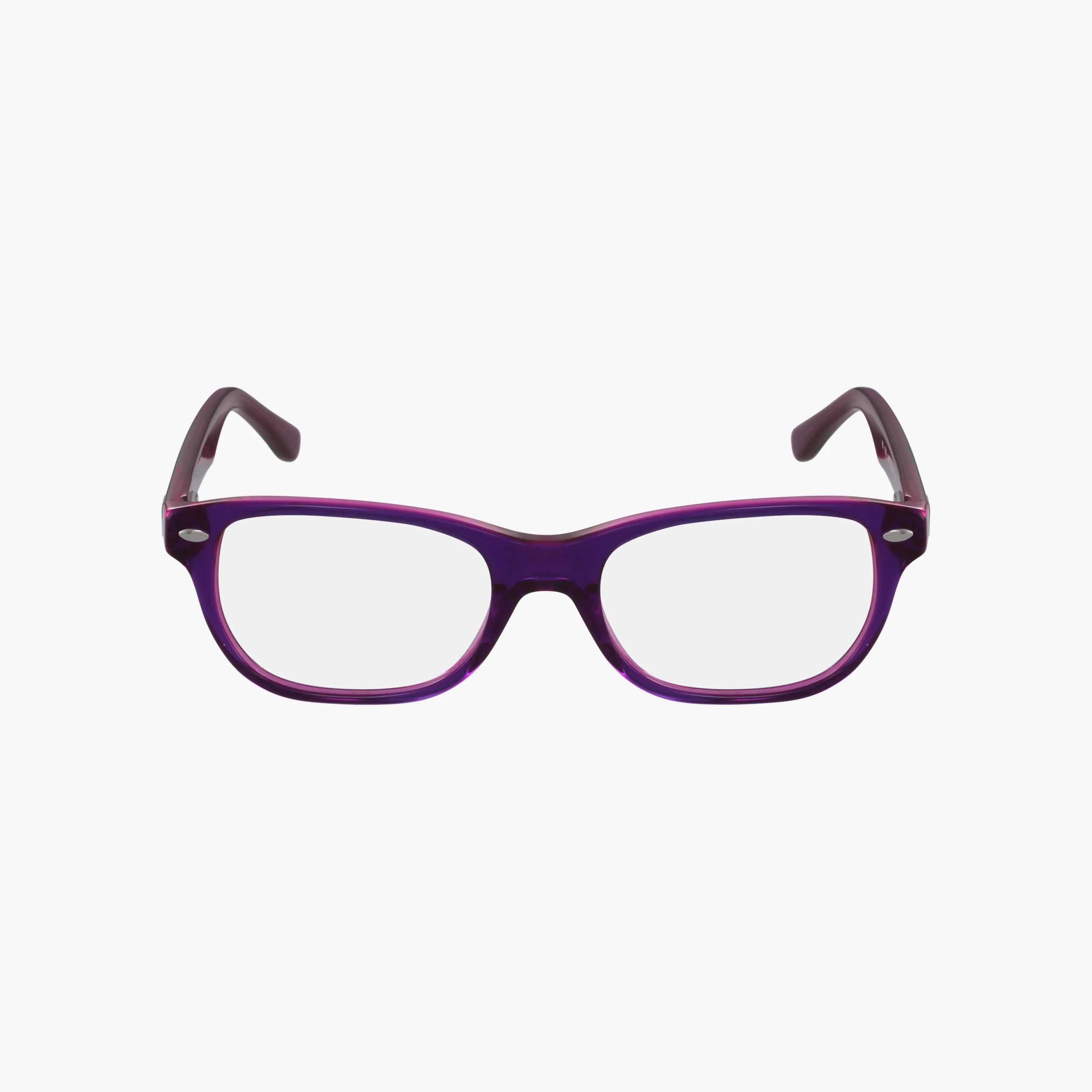 The Ray-Ban RY1555 features rectangular purple frames with clear lenses, perfectly framed for success and displayed on a plain white background.