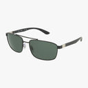 The Ray-Ban RB3737 sunglasses feature a rectangular black metal frame, slim arms, and dark green lenses, displayed on a white background.