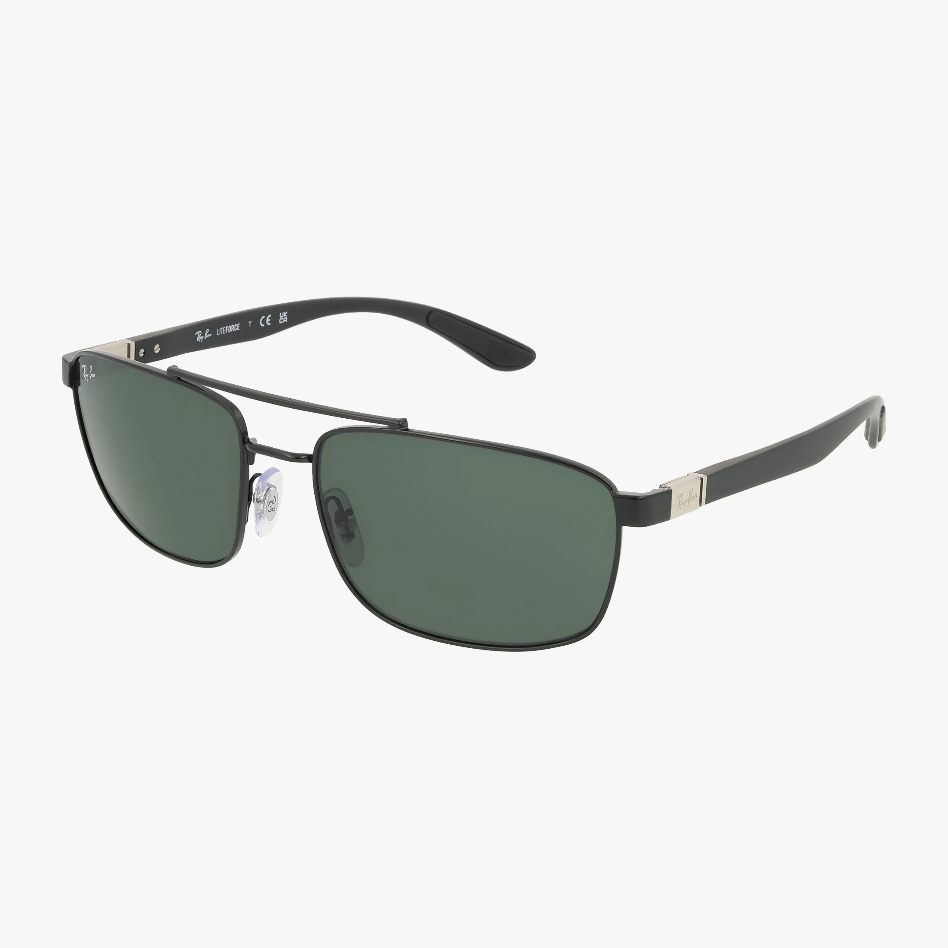 The Ray-Ban RB3737 sunglasses feature a rectangular black metal frame, slim arms, and dark green lenses, displayed on a white background.