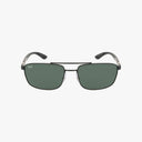 Front view of Ray-Ban RB3737 rectangular sunglasses with green lenses, black metal frame, double bridge, and clear adjustable nose pads on a white background—ideal for exploring vision insurance benefits.