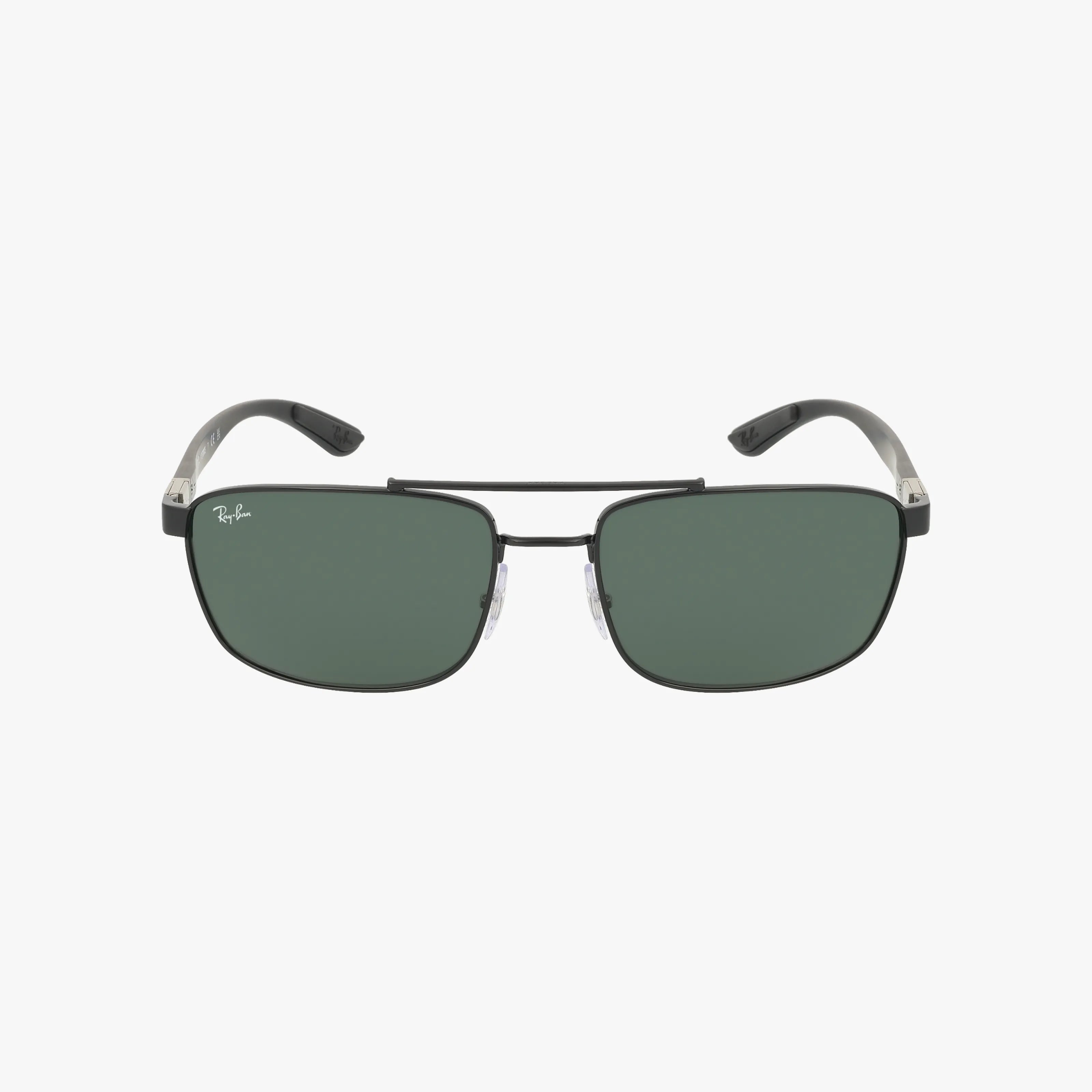 Front view of Ray-Ban RB3737 rectangular sunglasses with green lenses, black metal frame, double bridge, and clear adjustable nose pads on a white background—ideal for exploring vision insurance benefits.