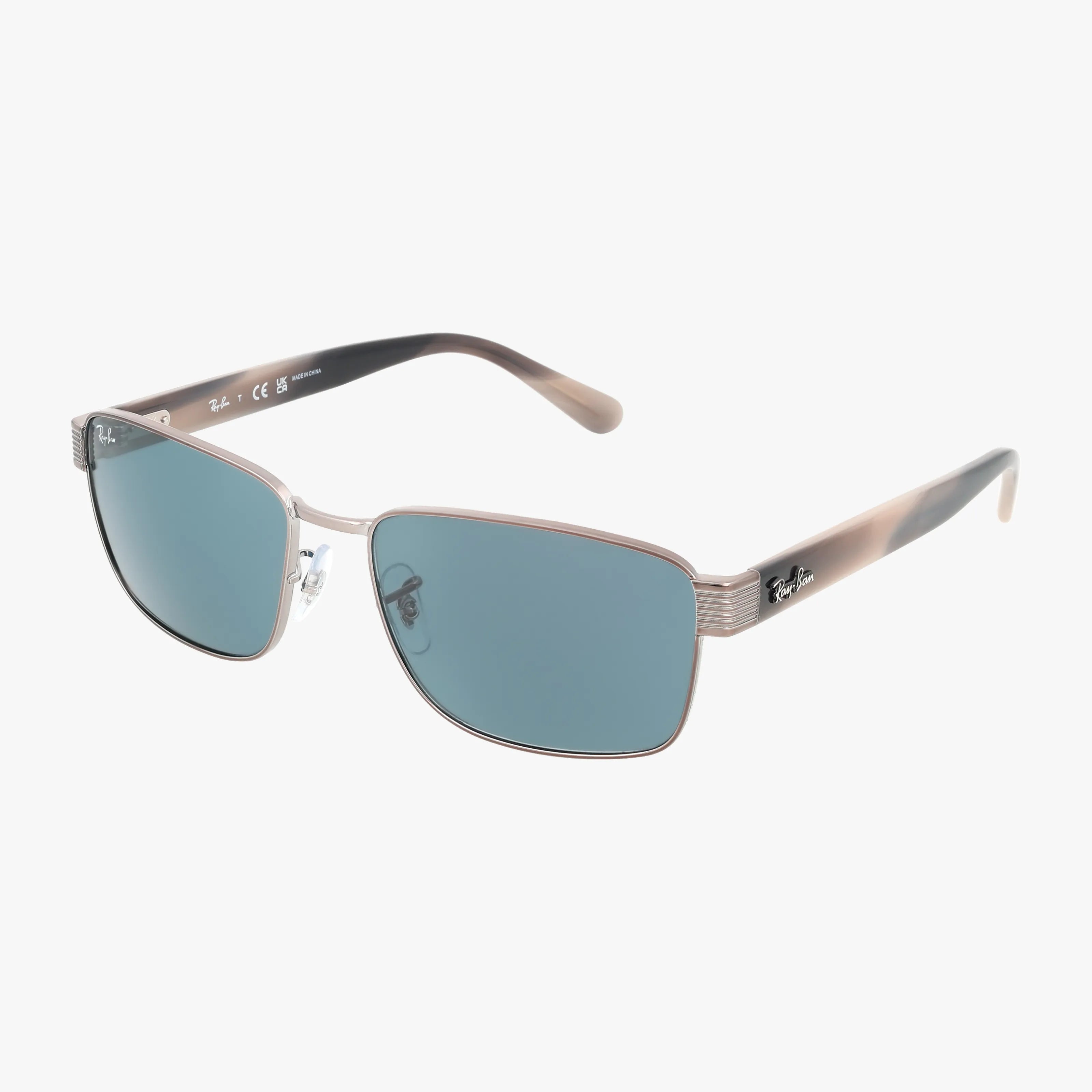 The Ray-Ban RB3750 features rectangular blue lenses, a thin lightweight gunmetal frame, and brown gradient plastic arms. The Ray-Ban logo accents the right lens and temples, highlighted against a crisp white background for timeless style.