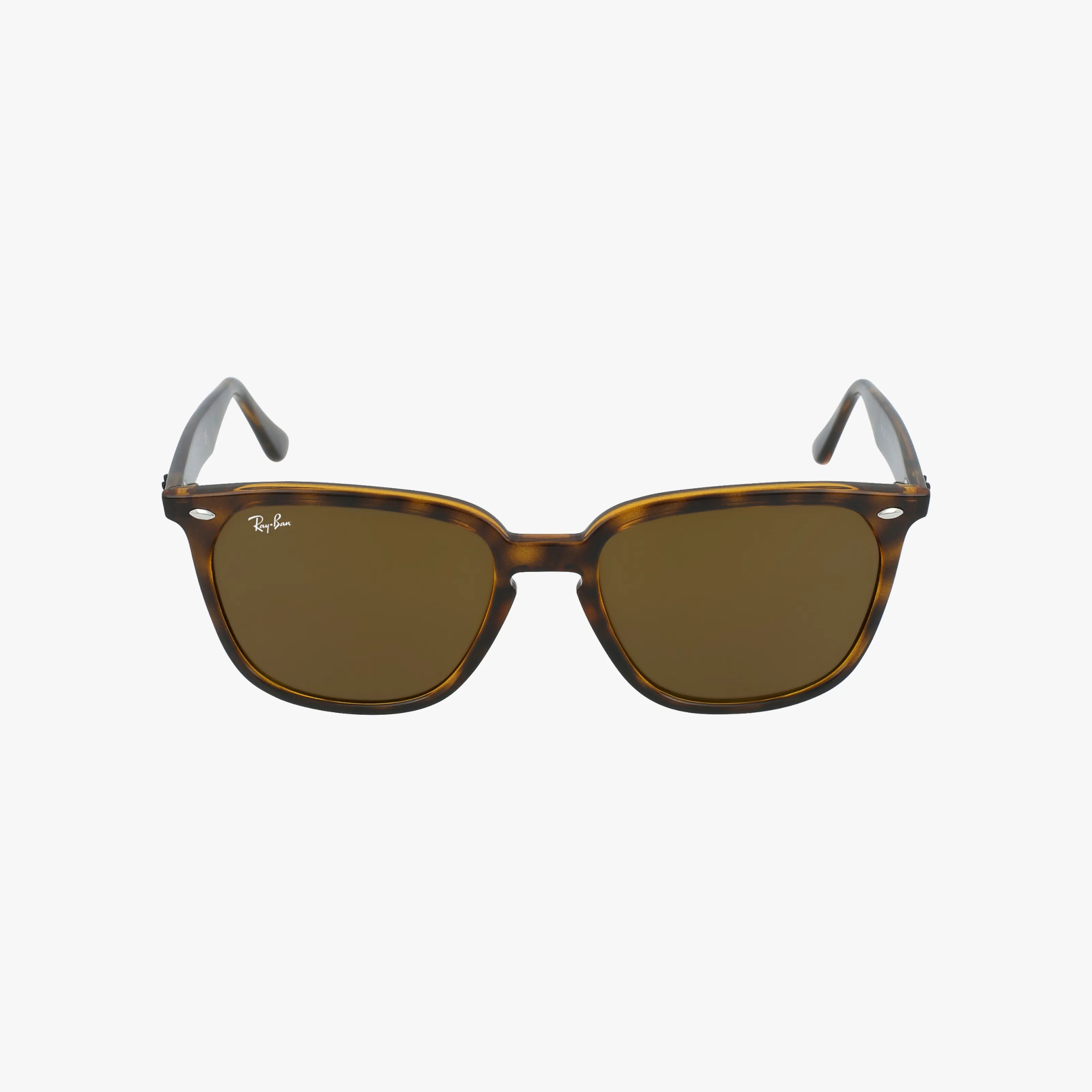 Ray-Ban RB4362 sunglasses in tortoiseshell with square lenses and dark brown tinted glass, shown on a plain white background—a bold accessory for authentic visionaries.