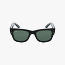 The Ray-Ban RB0840S MEGA WAYFARER sunglasses in black feature dark green lenses, a subtle logo on the top left lens, and silver rivets at the front corners—showcasing iconic design and style.