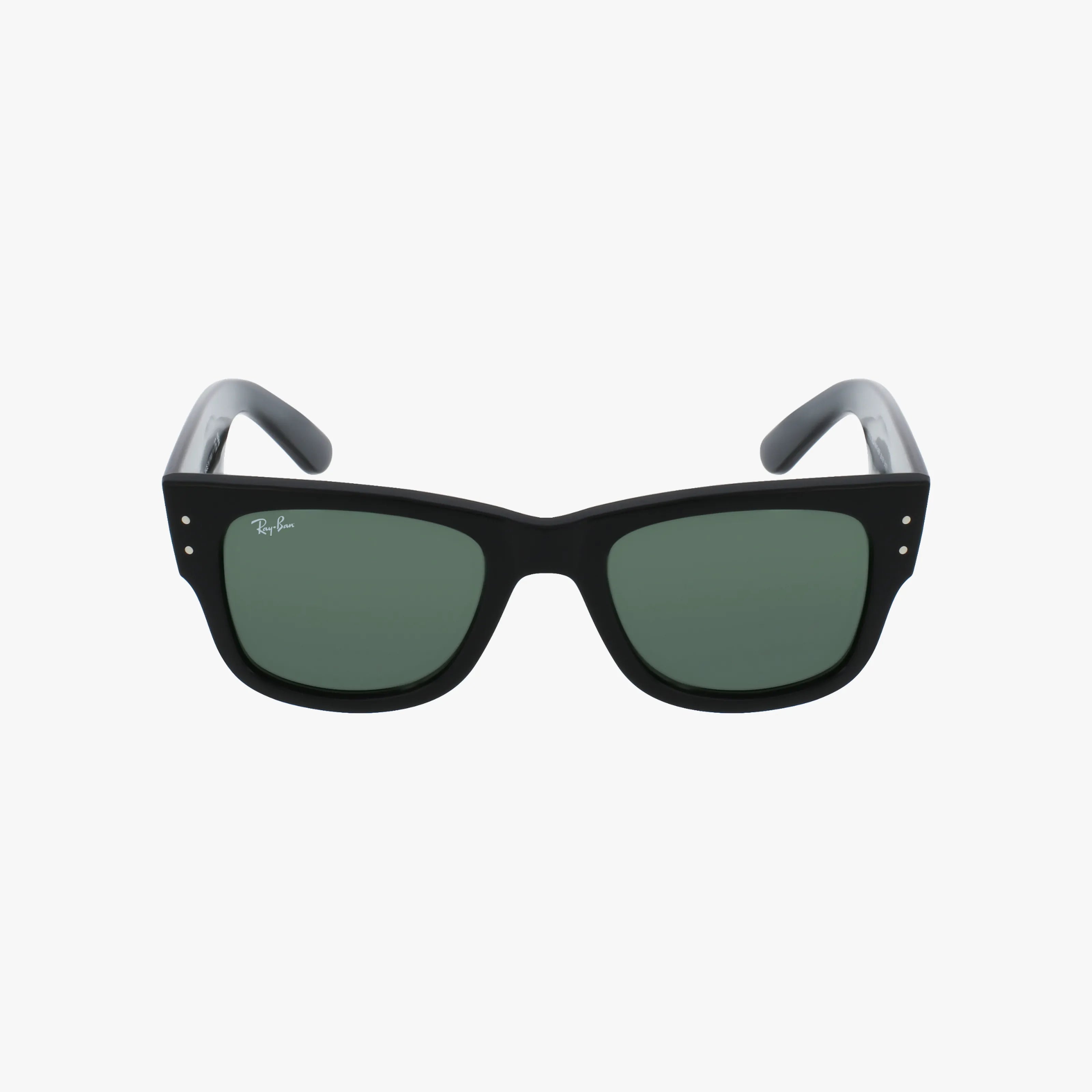 The Ray-Ban RB0840S MEGA WAYFARER sunglasses in black feature dark green lenses, a subtle logo on the top left lens, and silver rivets at the front corners—showcasing iconic design and style.