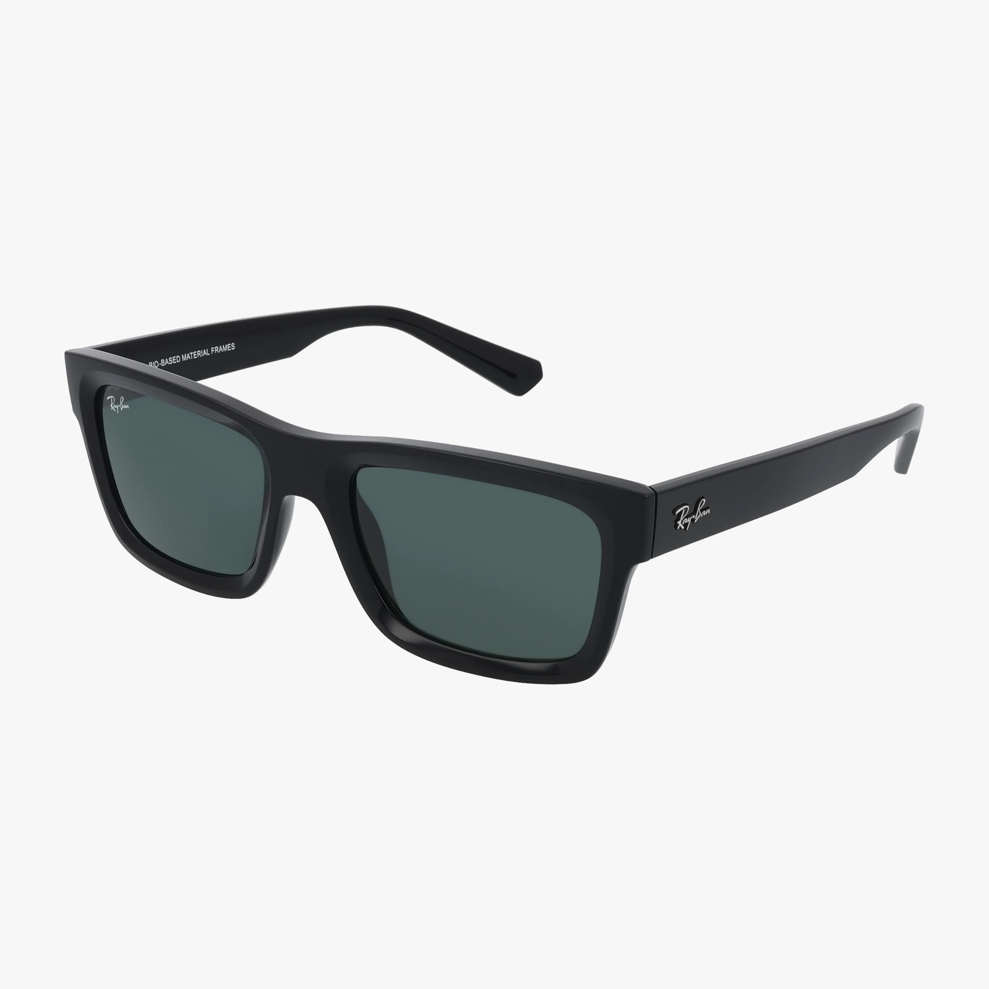 The Ray-Ban RB4396 WARREN features black rectangular frames with dark lenses and the iconic logo on both a lens and temple arm, offering stylish sun protection against a crisp white background.