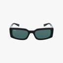 Front view of durable black rectangular Ray-Ban RB4395 KILIANE sunglasses with dark green lenses and a Ray-Ban logo on the left lens, perfect for outdoor adventures, shown against a plain white background.