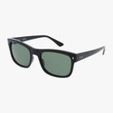 The Ray-Ban RB4428 sunglasses feature a bold black frame and rectangular green tinted lenses for sleek style and UV protection, shown on a white background.