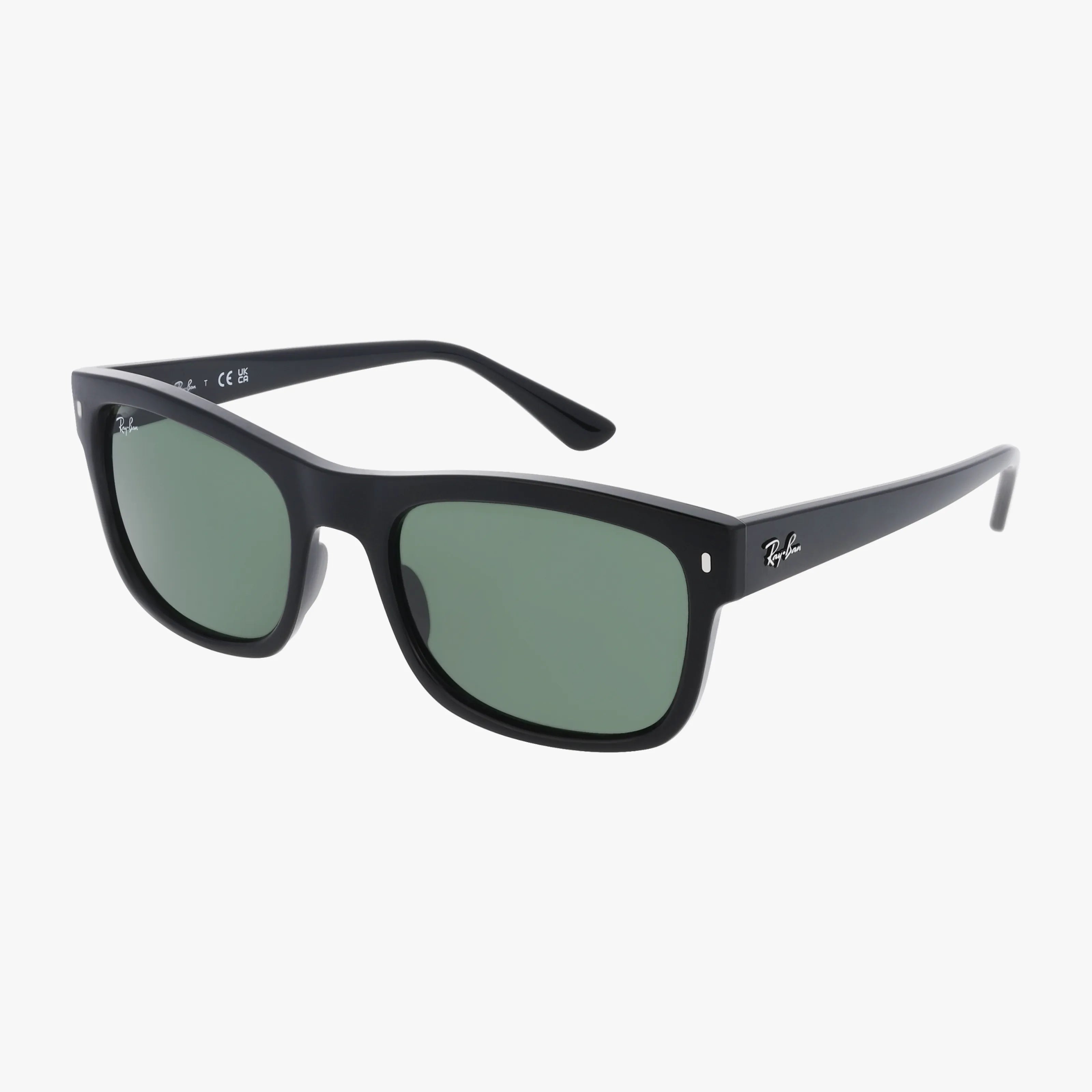 The Ray-Ban RB4428 sunglasses feature a bold black frame and rectangular green tinted lenses for sleek style and UV protection, shown on a white background.