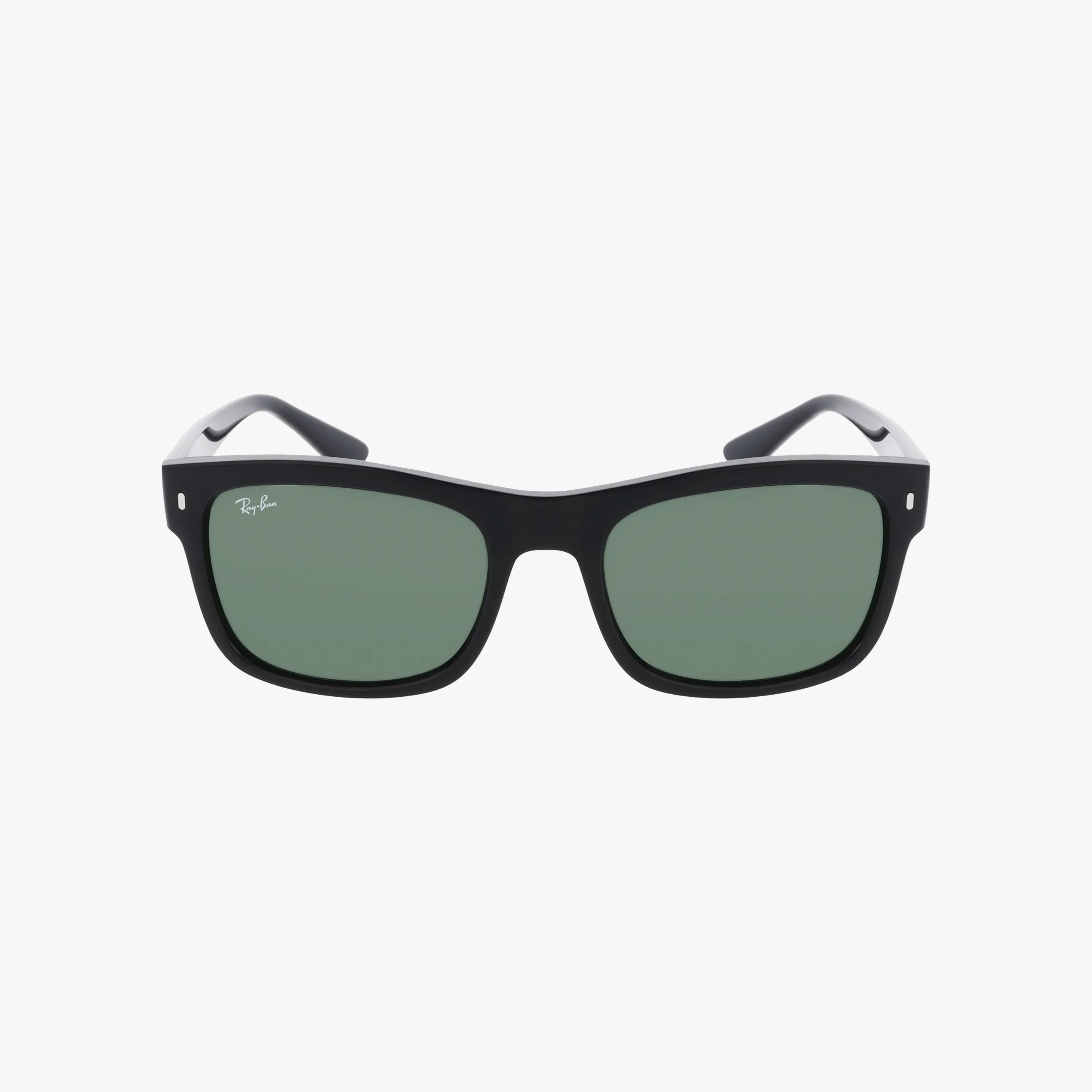 Ray-Ban RB4428 black rectangular sunglasses with dark green lenses provide UV protection and vision benefits, featuring a subtle logo on the upper left of the right lens, displayed against a plain white background.