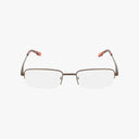 Precision 105 rectangular eyeglasses feature a stylish thin brown metal frame, clear lenses, and brown temples with reddish tips. Displayed on a plain white background.