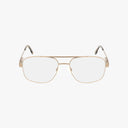 The Precision 110 features gold metal aviator-style eyeglasses with a polished frame, clear lenses, double bridge, and black-tipped temple arms, shown against a plain white background.